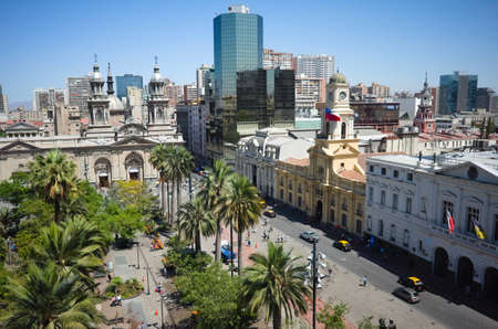 Santiago, Chile - February, 2020:View of Plaza de Armas main city square of Santiago de Chile at sunny day from rooftop. Santiago Metropolitan Cathedral and National Historic Museum. City skyline viewのeditorial素材