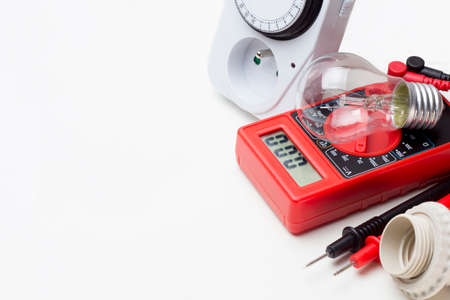 Electrical goods and tools on a white backgroundの写真素材