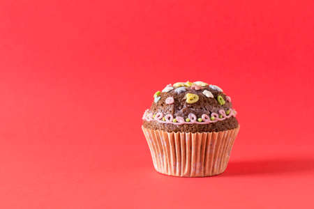 homemade cakes on a red backgroundの写真素材
