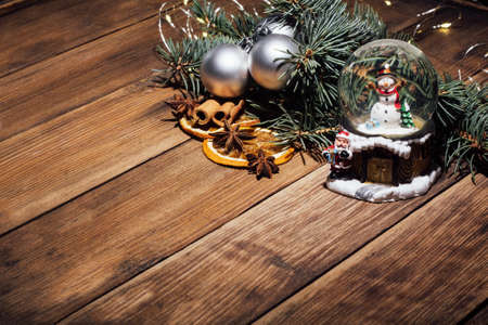 Christmas composition on wooden backgroundの写真素材