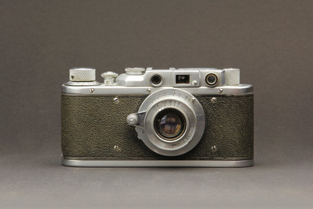 Antique camera on a gray backgroundの写真素材