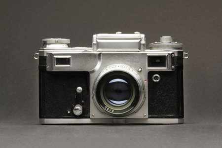 Antique camera on a gray backgroundの写真素材