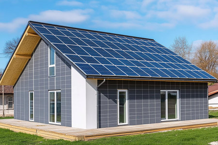 A contemporary house designed with solar panels on the roof stands in a rural area surrounded by greenery. The residence features large windows and a wooden deck for outdoor relaxation.の写真素材