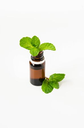 isolated glass bottle with aromatic oil and a sprig of mint on a white backgroundの写真素材