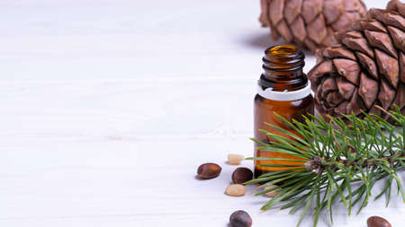 banner, glass bottle with pine cone nuts on white wooden background, natural cosmetics conceptの写真素材