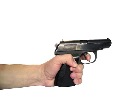 gun in a hand with path on a white background, with a contour (with path)