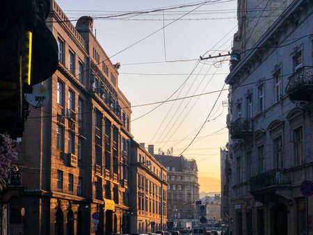 Downtown of the old city in the morning in a sunlight