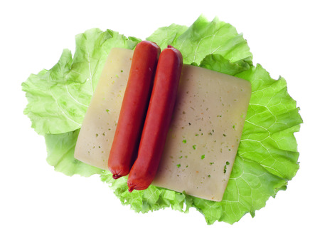 frankfurters, cheese, lettuce plant,  isolated on white backgroundの写真素材