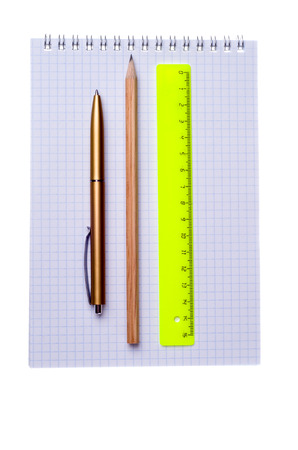 ruler, pencil and pen isolated on white background  .の写真素材