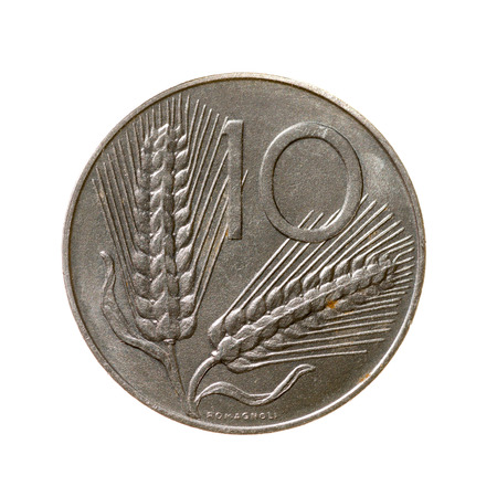 coin ten lire Italy isolated on white background. top view.revers
