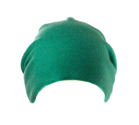 green knitted hat isolated on white background .の写真素材
