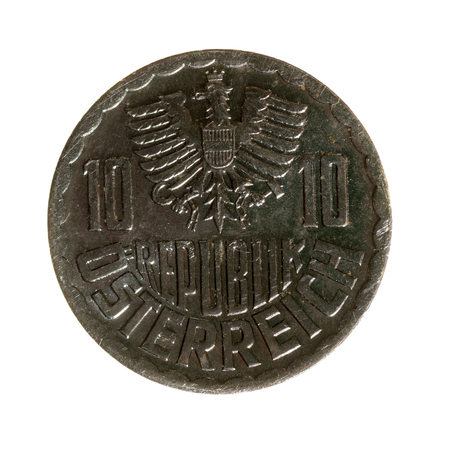 metal coins  ten pennies Austria isolated on white background .aversの写真素材