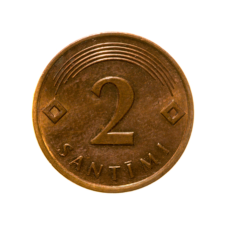 metal coins two centimes Latvia isolated on white background .revers