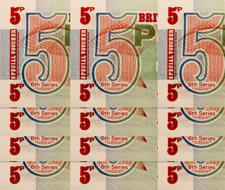 paper money British Armed Forces 5 Pence.view from above .collage