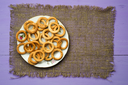 bagels on a wooden table. Rustic style. Top view. Free space for text.