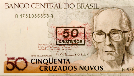 Brazilian paper money fifty cruzado as background and texture.の写真素材