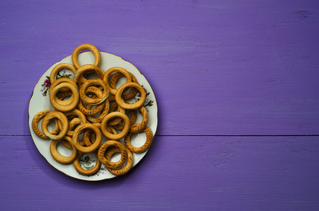 bagels on a wooden table. Rustic style.Top view. Free space for text.の写真素材