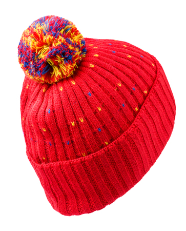 knitted hat isolated on white background .hat with pompon . red hat .の写真素材