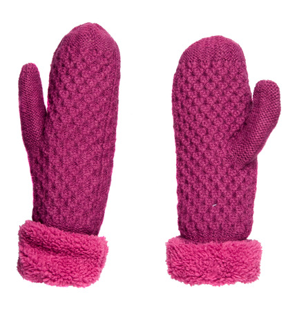 Mittens isolated on white background. Knitted mittens. Mittens top view.purple hatの写真素材