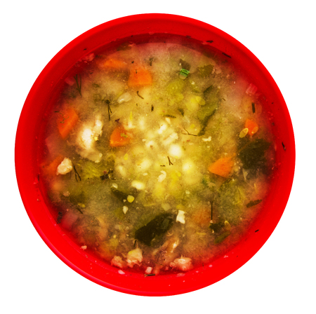 pickle soup isolated on a white background.healthy soup .soup top view .の写真素材