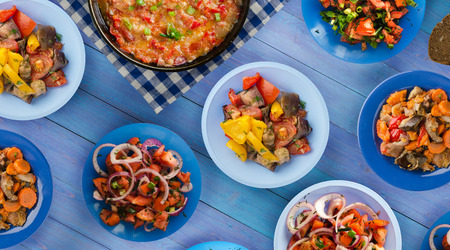 breakfast of vegetables on a wooden background. vegetarian breakfast.