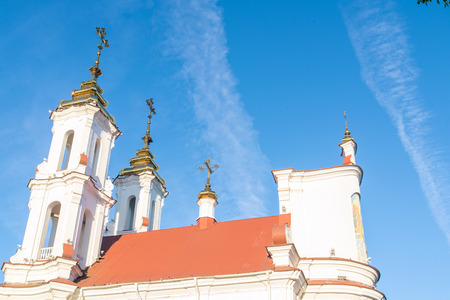 Church against the blue sky. Dome Orthodox Church view from below. old church