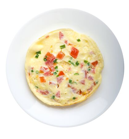 omelet with tomatoes and green onions on a white plate isolated on white background.omelet with vegetables top view. healthy breakfastの写真素材