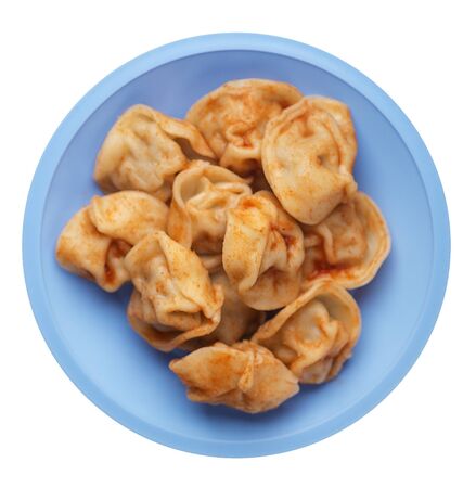 dumplings on a light blue plate isolated on white background. dumplings in tomato sauce. dumplings top viewの写真素材