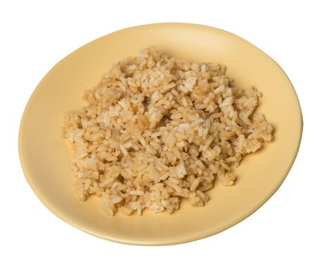rice in soy sauce isolated on white background. rice in soy sauce on a light brown  plate top side view .の写真素材