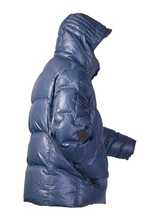 Men's blue jacket in a hood isolated on a white background. Windbreaker jacket side view. Casual styleの写真素材