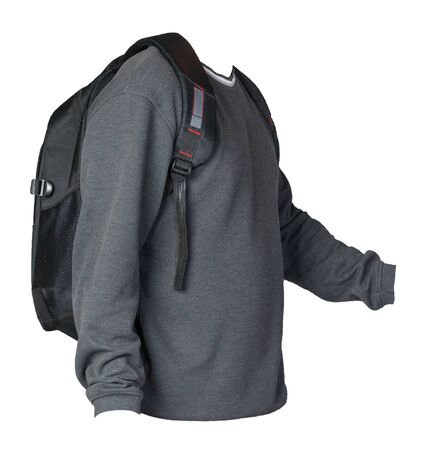 black backpack dressed in a knitted gray sweater isolated on a white background. backpack and male sweater side  viewの写真素材