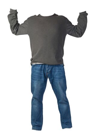 men's gray sweater and blue jeans isolated on white background.casual clothingの写真素材