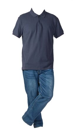 men's dark  blue t-shirt and blue jeans isolated on white background.casual clothingの写真素材