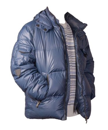 blue jacket and white gray blue sweater isolated on white background.bologna jacket and wool sweaterの写真素材