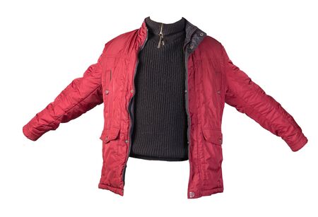 red jacket and black sweater isolated on white background.bologna jacket and wool sweaterの写真素材