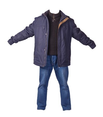 blue jacket,black sweater and blue jeans isolated on white background. casual fashion clothesの写真素材