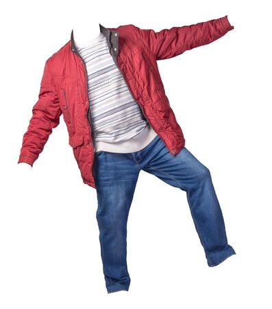 red jacket, white blue gray sweater and blue jeans isolated on white background. casual fashion clothesの写真素材
