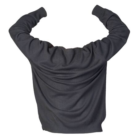 knitted black sweater with a zipper isolated on a white background. men's sweater under the neck . Casual styleの写真素材