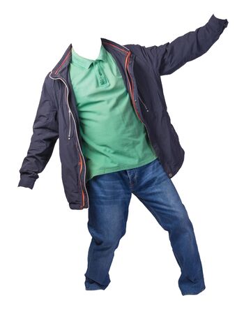blue  jacket,green shirt and blue jeans isolated on white background. casual fashion clothesの写真素材