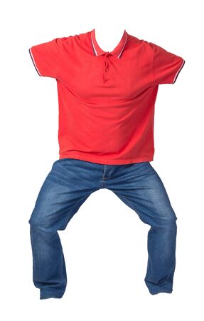 men's orange t-shirt and blue jeans isolated on white background.casual clothingの写真素材