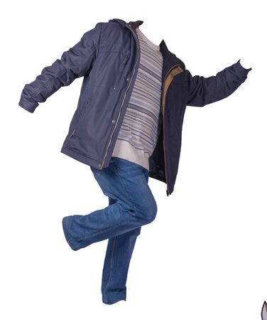 blue jacket, white blue gray sweater and blue jeans isolated on white background. casual fashion clothesの写真素材