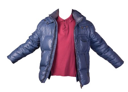 men's dark red t-shirt and blue jacket isolated on white background.casual clothingの写真素材