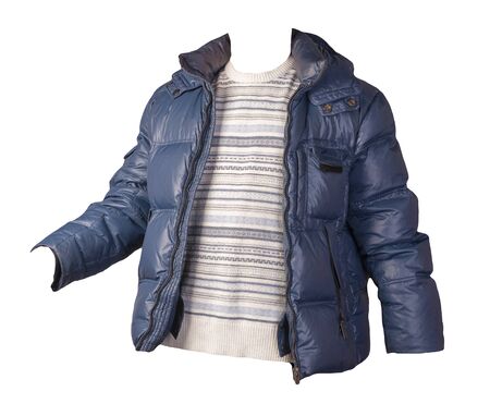 blue jacket and white gray sweater isolated on white background.bologna jacket and wool sweaterの写真素材