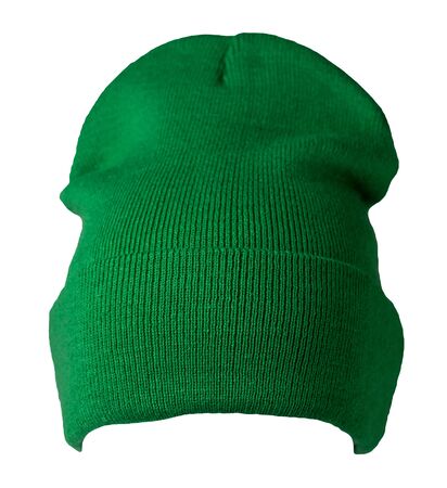 knitted green hat isolated on a white background.fashion hat accessory for casual styleの写真素材