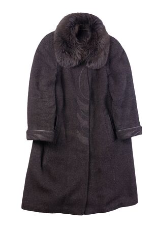 Female woolen dark gray coat isolated on a white background. women's coat cut a trapezeの写真素材