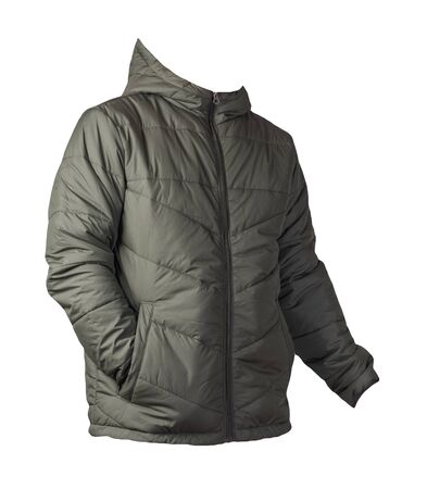 Men's dark green jacket in a hood isolated on a white background. Windbreaker jacket. Casual styleの写真素材