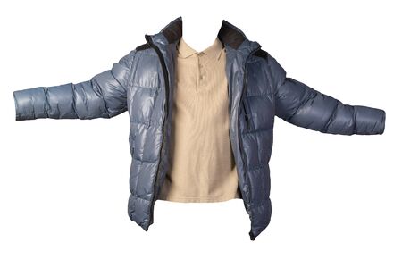 men's hakki t-shirt and blue jacket isolated on white background.casual clothingの写真素材