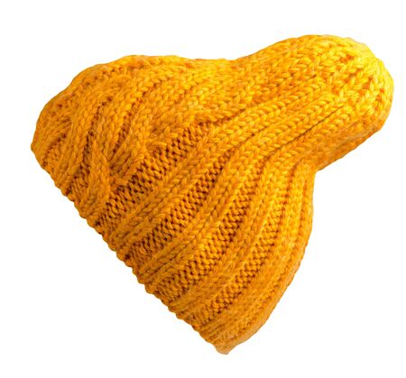 Women's yellow hat . knitted hat isolated on white background.の写真素材