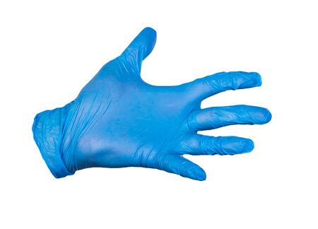 hand of a man in a rubber glove isolated on a white background hand in a medical glove close-up. concept of chiston and hyena. infection preventionの写真素材