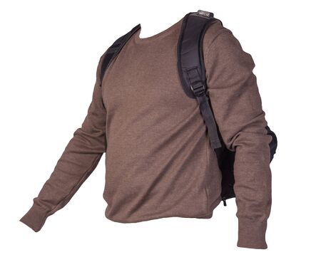 black backpack dressed in a knitted brown sweater isolated on a white background. backpack and male sweater view from the backの写真素材